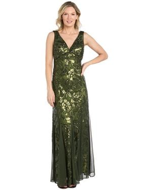R & M Richards Long Floral Sequin Beaded Dress - Green