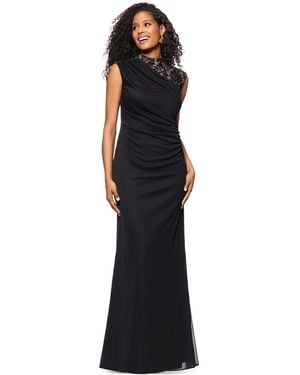 B & A by Betsy and Adam Betsy & Adam Petite Lace Trim Ruched Sleeveless Gown - Black