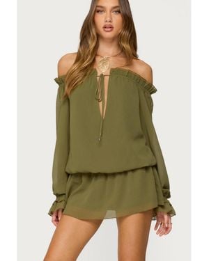 Edikted Delphine Off Shoulder Chiffon Romper - Green