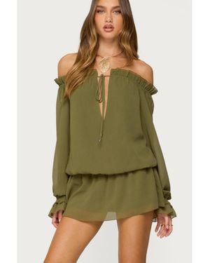 Edikted Delphine Off Shoulder Chiffon Romper - Green