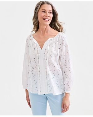 Style & Co. Cotton Eyelet Split Neck Long-sleeve Top - White