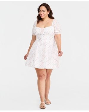 Kingston Grey Trendy Plus Size Cotton Clip-dot Puff-sleeve Dress - White