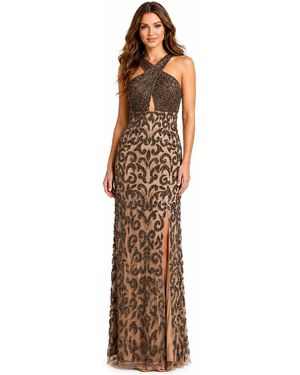 Lara Plus Size Beaded Halter Front-slit Dress - Brown