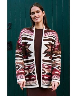 Yumi' Boucle Geometric-print Open Front Cardigan - Red