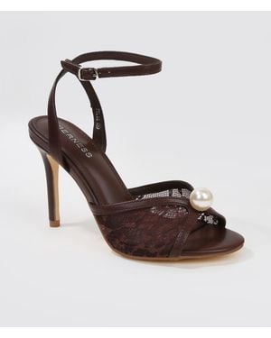 BERNESS Julie Pearl Embellished Lace Stiletto Heel Sandals - Brown