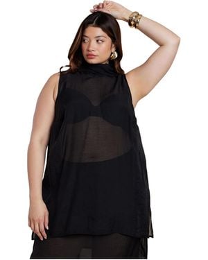 Eloquii Sheer Neck-tie Tunic - Black