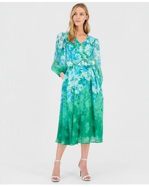 Tahari Petite Printed V-neck Midi Dress - Green
