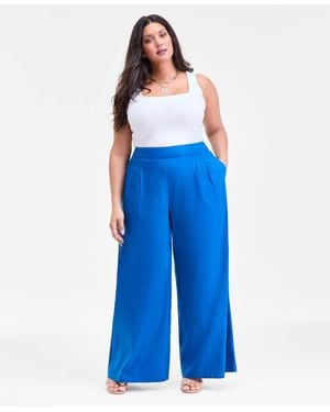 INC International Concepts Plus Size Pull-on Linen-blend Wide-leg Pants - Blue