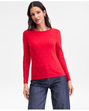 INC International Concepts Crystal Mesh Long-sleeve Top - Red