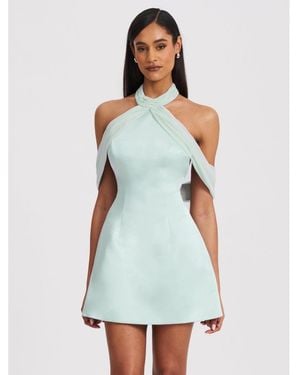 Miss Circle Zafrina Light Cyan Halter Off-shoulder Backless Mini Dress - White