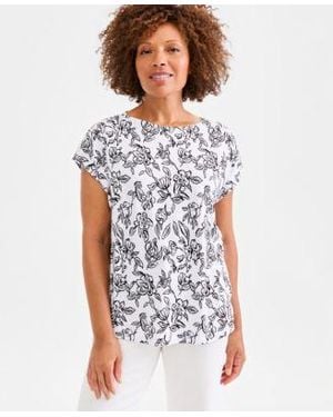 Style & Co. Style Co Printed Short Sleeve Mixed Media Tee Macys Exclusive - White