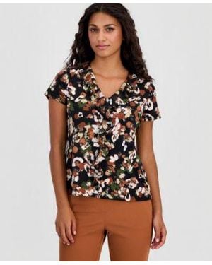 Anne Klein Essentials Printed Ruffle Trim Short Sleeve Top - Black