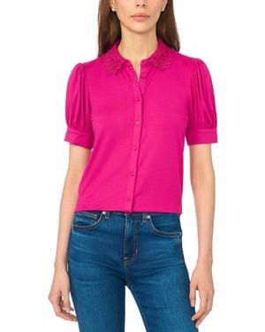 Cece Scallop-trim Collared Short-sleeve Button-front Top - Pink