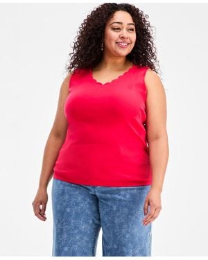 Style & Co. Plus Size Solid-color Scalloped V-neck Tank Top - Red