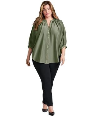 Avenue Plus Size Studded Blouson Sleeve Blouse - Green