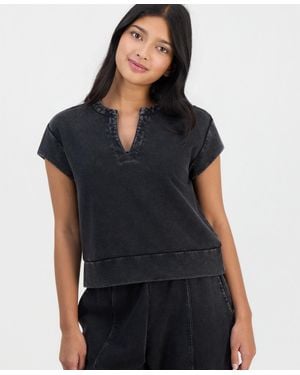 And Now This Petite French Terry Split-neck Cap-sleeve Top - Black