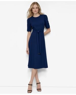DKNY Ruched-sleeve Belted Fit And Flare Midi Dress - Blue