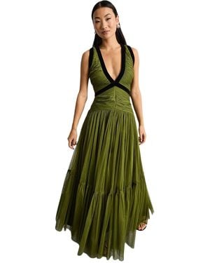 Warehouse Petite Velvet Trim Tulle Maxi Dress - Green