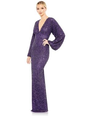 Mac Duggal Sequined Puff Sleeve V Neck Gown - Purple