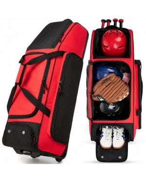 Peneyon Rolling Baseball Catchers Gear Bag With Wheels For 4 Bats Organized Storage - Red