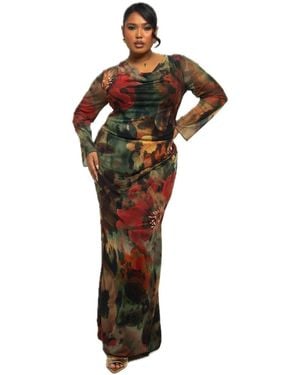 FASHION-SZN CURVE Floral Print Mesh Maxi Dress - Green