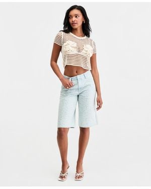 BarIII Sequin Destructed Denim Bermuda Shorts - White