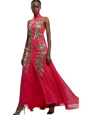 Karen Millen Halter Neck Embellished Maxi Dress - Red