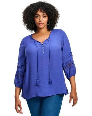 Avenue Plus Size Pintuck Lace Peasant Top - Blue