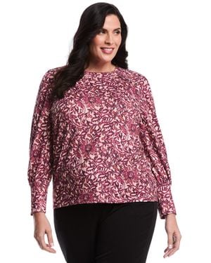 Rafaella Plus Size Paisley Print Puff Long Sleeve Crew Neck Top - Red