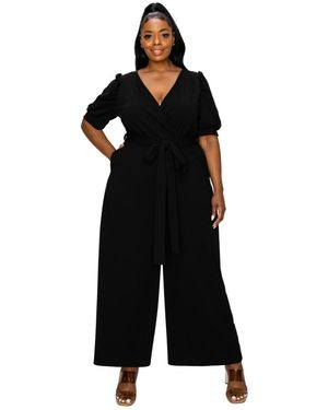 L I V D Plus Size Iris Surplice Belted Pocket Jumpsuit - Black