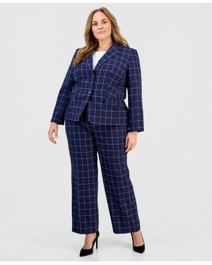 Le Suit Plus Size Windowpane Check Notch Collar Pantsuit - Blue