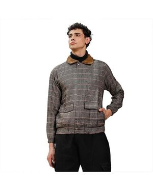 Campus Sutra Midnight Black And Cream White Chevron-jacquard Sherpa-lined Jacket - Gray
