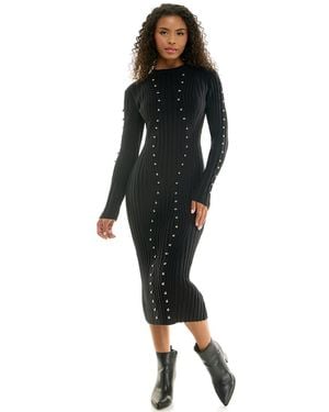 Invitee Long Sleeve Metal Bead Ring Trim Mock Neck Midi Sweater Dress - Black
