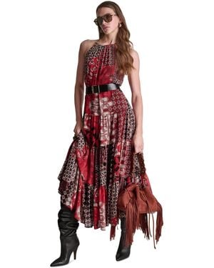 BCBGMAXAZRIA Patchwork Chiffon Halter Maxi Dress - Red