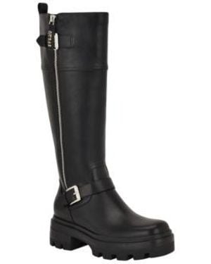 Guess Lynnie Tall Buckle Moto Lug Sole Boots Regular Wide Calf - Black