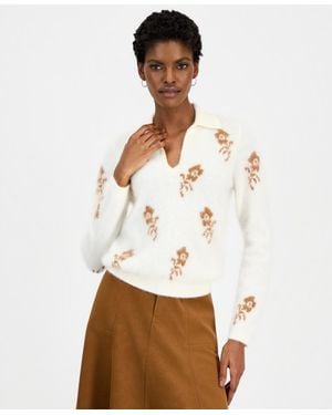 Tahari The Raelynn Cashmere Floral Collared Split-neck Sweater - White