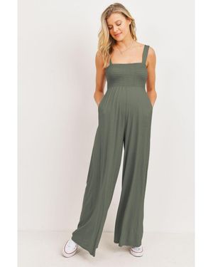 Hello Miss Maternity Sleeveless Smocked Bodice Wide-leg Jumpsuit - Green