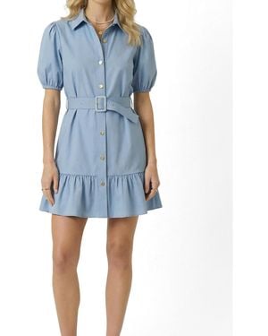 Modenaire Short Sleeve Belted Button-front Puff-sleeve Mini Dress - Blue