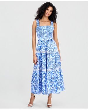 Anne Klein Smocked Square-neck Patio Midi Dress - Blue