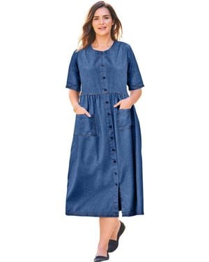 Woman Within Plus Size Short-sleeve Denim Dress - Blue