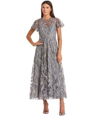 Mac Duggal Floral Embroidered Flutter Sleeve Ankle Dress - Gray