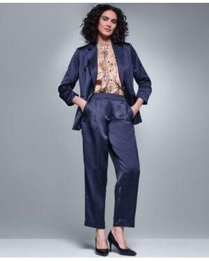 KARL LAGERFELD Satin 3 4 Sleeve Collared One Button Blazer Floral Long Sleeve Mock Neck Blouse Satin Mid Rise Ankle Pants - Blue