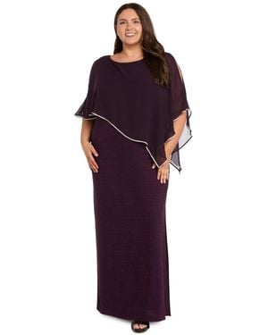 R & M Richards Plus Size Metallic Stripe Rhinestone Trim Poncho Dress - Purple