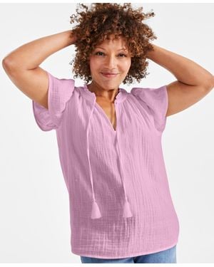 Style & Co. Petite Cotton Flutter-sleeve Ruffle Top - Pink
