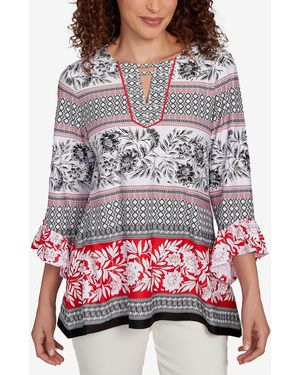 Ruby Rd. Petite Tropical Motif Stripe Puff Print Knit Top - Gray