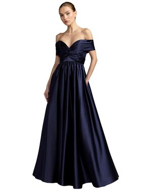 Mac Duggal Navy Satin Off The Shoulder Twist Evening Ball Gown - Blue