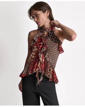 BCBGMAXAZRIA Printed Ruffle Halter Neck Top - Red