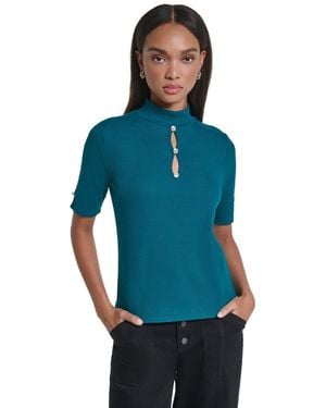 KARL LAGERFELD Mock Neck Short-sleeve Keyhole Blouse - Blue