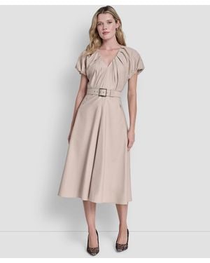 DKNY V-neck Belted Midi Dress - Natural