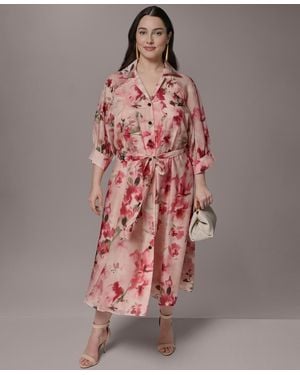 Donna Karan Plus Size Short-sleeve Organza Shirt Dress - Red